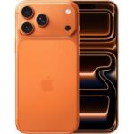Apple iPhone 17 Pro Max in Cosmic Orange, front and back view