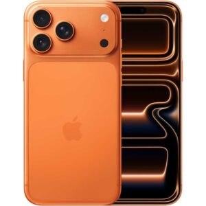Apple iPhone 17 Pro Max in Cosmic Orange, front and back view